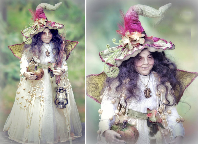 Sculpted from paper clay, 15-inch Woodland Fairy has mohair hair and a detailed outfit, “to give her the look of living in a magical forest,” the artist said. “From her glitter wings, flowered hat, macrame cloak, squirrel necklace, and airy clothing, I think I captured the essence of Nature.”