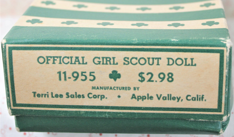 Close-up of side of the Girl Scout Doll's box, showing price of $2.98 and text "Manufactured by Terri Lee Sales Corp. Apple Valley, Calif."