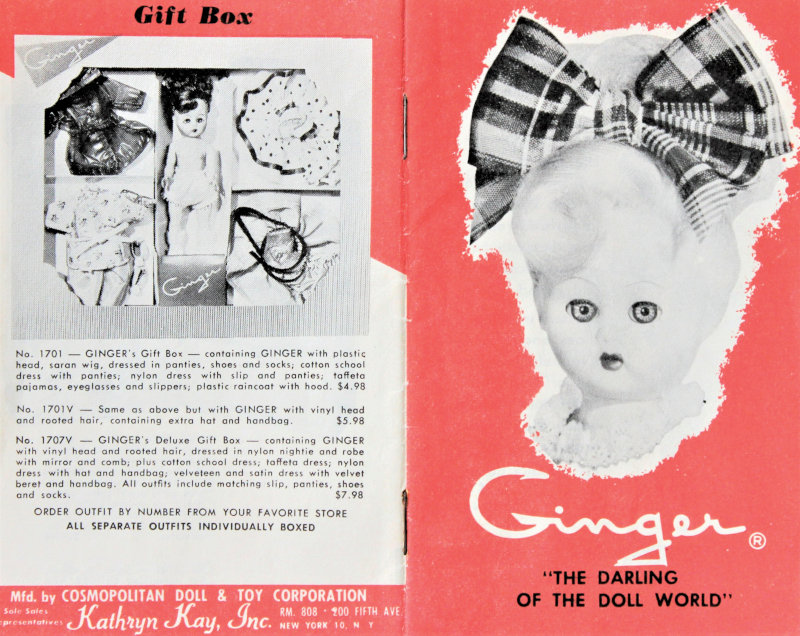 Spread showing the front and back covers of a Ginger doll brochure with the tagline "The Darling of the Doll World"
