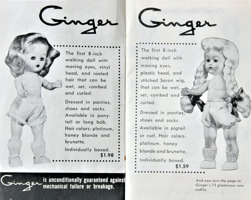 Two-page spread from a Ginger brochure showing black-and-white photos of two 8-inch walking Ginger dolls.