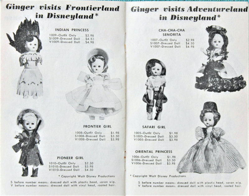 Two-page spread shows black-and-white photos of Ginger dolls in Disney Frontierland and Adventureland themed outfits.