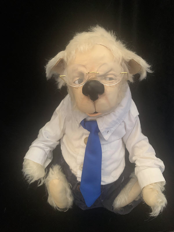 A pale bear wearing glasses, white dress shirt, pants, and a blue tie