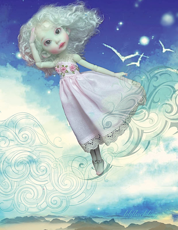 Pale blue doll with bluish hair wears a pink dress and is pictured in front of a sky background, as if she's flying