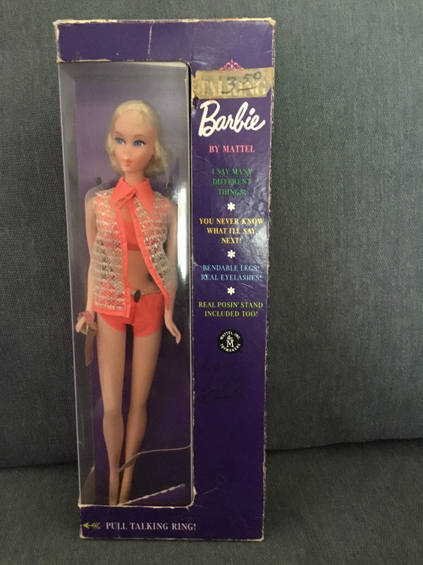 Talking Barbie is visible in her original box