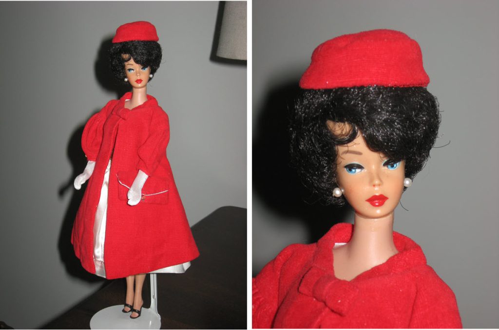 At a recent doll show, a man was selling his mother’s dolls. All were mint condition. This brunette Barbie especially stood out because she was beautiful, but also she had on a spectacular fashion (red is my favorite color). Is there more to this doll than just a pretty face? 