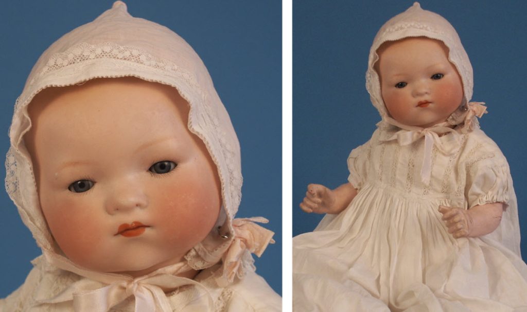 baby doll sitting in white dress and close up of baby doll's face.