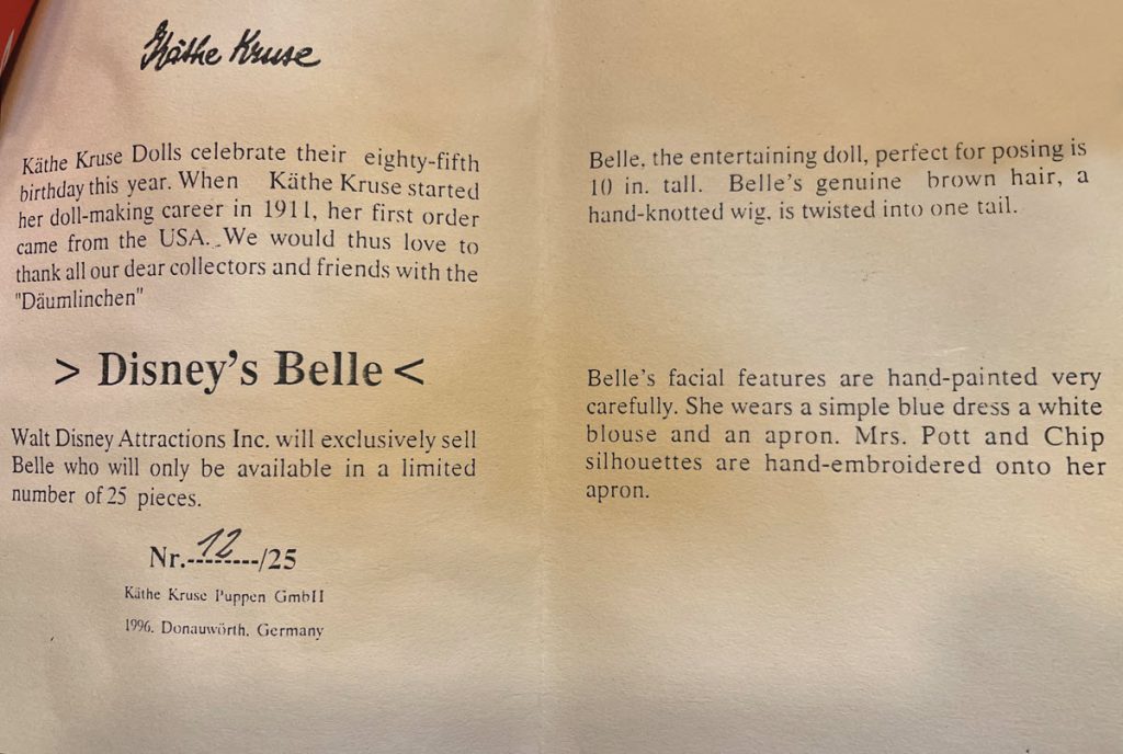 disney belle collectible doll booklet