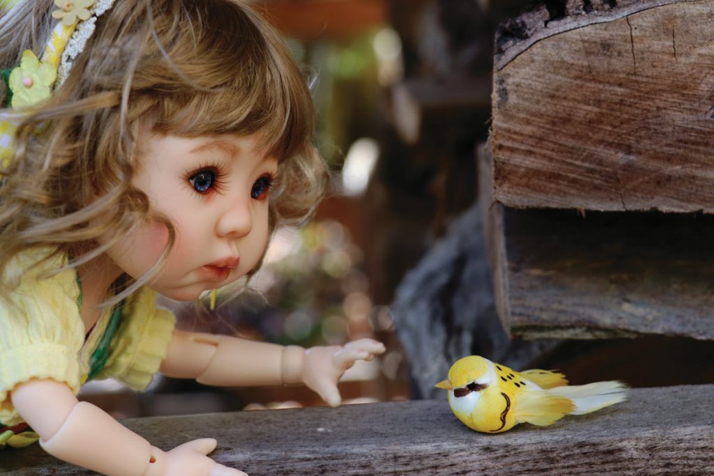 doll in yellow dress reaching for yellow bird